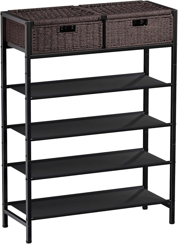 Shoe Rack, 5 Tier Shoe Storage Organizer with 2 Hand Woven Drawers, Metal Shoe Shelf for 16-20 Pairs of Shoes, with 4 Fabric Shelves and Woven Top, Shoe Stand for Closet Entryway, Dark Brown-NeatNest