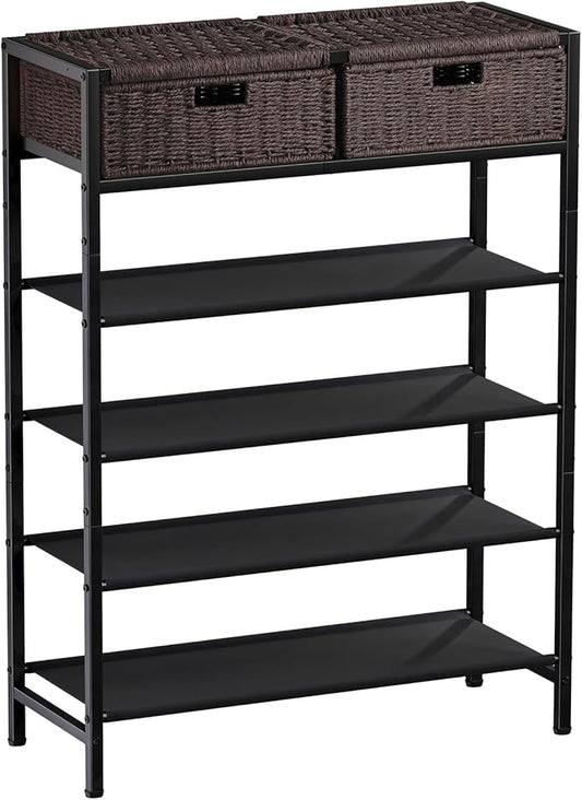 Shoe Rack, 5 Tier Shoe Storage Organizer with 2 Hand Woven Drawers, Metal Shoe Shelf for 16-20 Pairs of Shoes, with 4 Fabric Shelves and Woven Top, Shoe Stand for Closet Entryway, Dark Brown-NeatNest