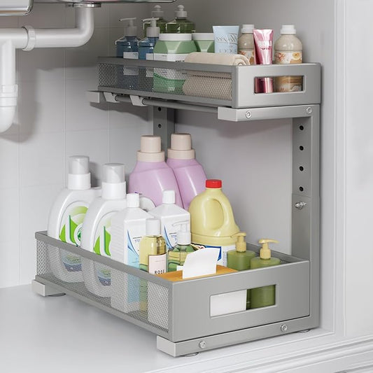 1 Pack-11.4"-16.14" H Under Sink Storage Organizer, Large 2-Tier Elegant Mesh Pull Out Shelf for Kitchen & Bathroom Cabinet Organization, L-Shaped, Adjustable Height-Gun Gray-NeatNest