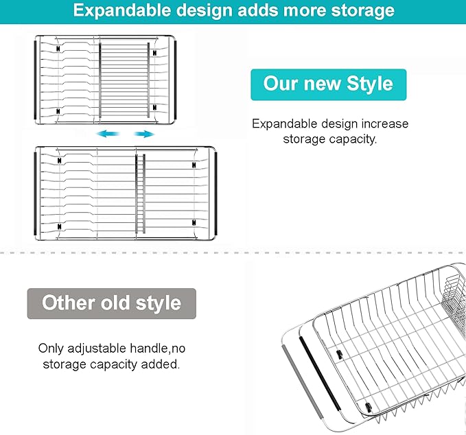 iPEGTOP Capacity Expandable Over Sink Dish Drying Rack, Multifunctional Adjustable (14"-18.5") Rustproof Stainless Steel Dish Drainer Organizer Shelf with Utensil Holder for Kitchen Counter Sink