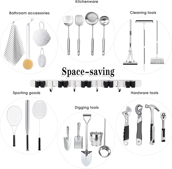 2 Pack Mop and Broom Holder Wall Mount, 5 Racks and 4 Hooks Broom Organizer Storage Tool Racks Stainless Steel Heavy Duty Hooks Self Adhesive Solid Non-slip for Home Kitchen Garden Laundry Garage-NeatNest