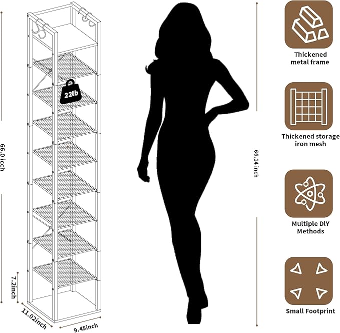 10 Tier Vertical Shoe Rack, Narrow Shoe Storage Organizer with Hooks, Slim Corner Shoe Tower Rack, Adjustable Tall Shoes Shelf, Entryway Living Room Bedroom, Rustic Brown-NeatNest