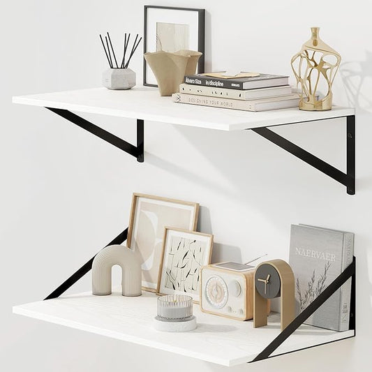 Fun Memories Floating Shelves for Wall, 12 Inch Deep Floating Shelves Set of 2, 24W x 12D Large Wall Shelf with Sturdy Metal Brackets for Living Room, Bathroom, Bedroom and Kitchen, White-NeatNest