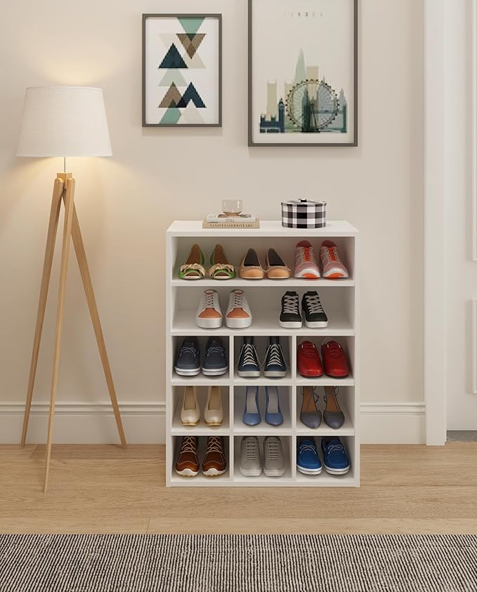HAIOOU Shoe Cubby, 9-Cube Stackable Wood Shoe Rack Organizer 5-Tier Freestanding Wooden Shoe Stand with 2 Storage Shelf for 10-15 Pairs, Ideal for Apartment, Entryway, Closet Organization - White-NeatNest