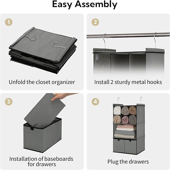 GRANNY SAYS Hanging Closet Organizer with Drawers, 4 Shelf Dividers Closet Hanging Organizer, Foldable Hanging Shelves for Wardrobe Closet, Small Closet Organizers for Clothes Shoes, Grey-NeatNest