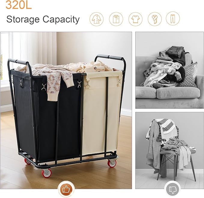 Hoctieon 2 Section Laundry Sorter Cart, 400L Rolling Hamper with Wheels, Industrial Laundry Basket Organizer, Extra Large Dirty Clothes Hamper for Home & Hotel, Heavy Duty, Black+Beige-NeatNest