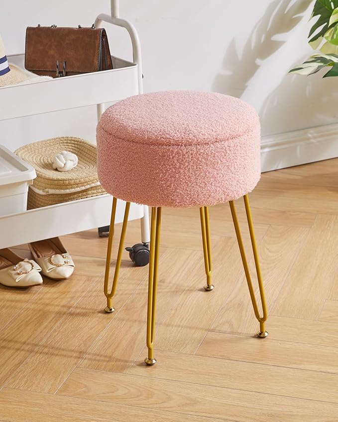IBUYKE Teddy Velvet Storage Footrest Stool Ottoman, Makeup Vanity Stool Side Table with Removable Cover, Golden Steel Legs, Coffee Table Top Cover, Pink WBD010P