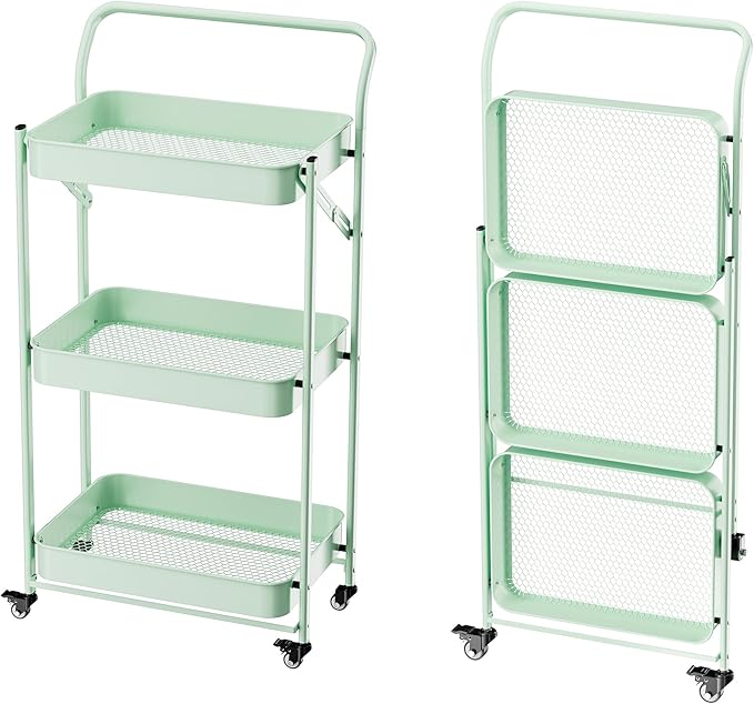 JAQ Foldable Rolling Cart, 3-Tier Metal Folding Storage Utility Carts Basket Rack Organizer with Handle on Wheels for Snacks Books Fruits for Kitchen Living Room Pantry Bathroom - (Green, 3-Layer)