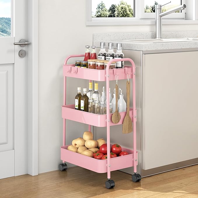 TOOLF Metal Utility Cart，3 Tier Rolling Cart wth 4 Hooks Storage Cart on Wheels Craft Cart with Handle for Organizer Storage for Classroom Office Dorm Home Pink