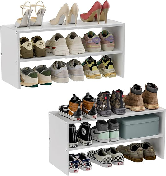 2 Pack White Shoe Rack for Closet, 2-Tier Expandable Small Shoe Shelf, Stackable Iron Wood Combination Shoe Organizer Racks Shelves for Closets, Entryway, Hallway, Garage, Holds 15-24 Pairs-NeatNest