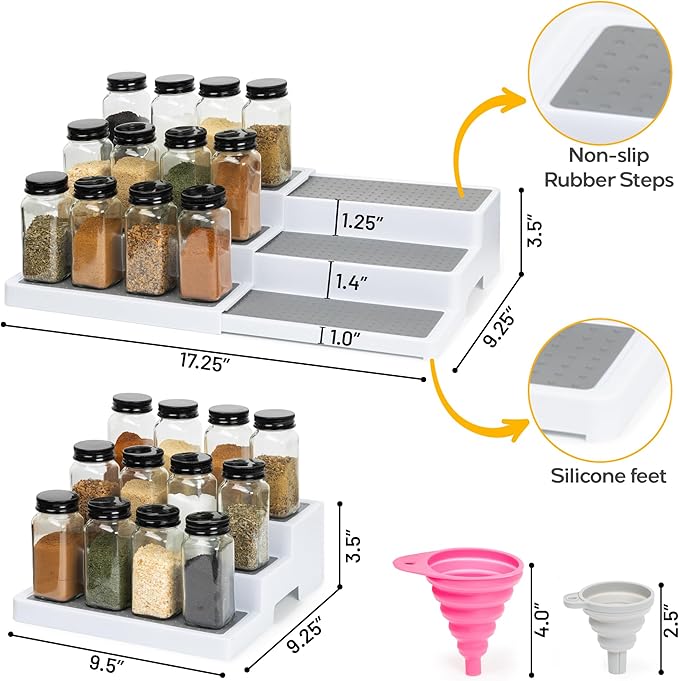Expandable 3 Tiered Spice Rack Organizer for Cabinet and Kitchen Pantry Shelf - Set of 2 Non-Slip Shelves for Spices, Seasoning, Canned Food, Medicine - Includes Silicone Funnels for Easy Refilling-NeatNest