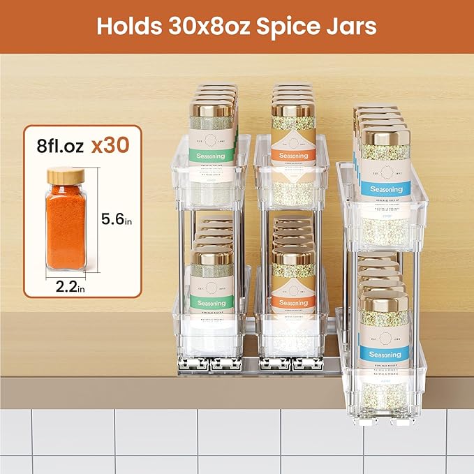 3 Packs Pull Out Spice Rack Organizer for Cabinet, Vertical Spice Rack Pull Out, Heavy Duty Slide Out Seasoning Organizer, 2.3" Wx10.35''Dx8.26''H, 3 Drawers 2 Tiers(Clear)
