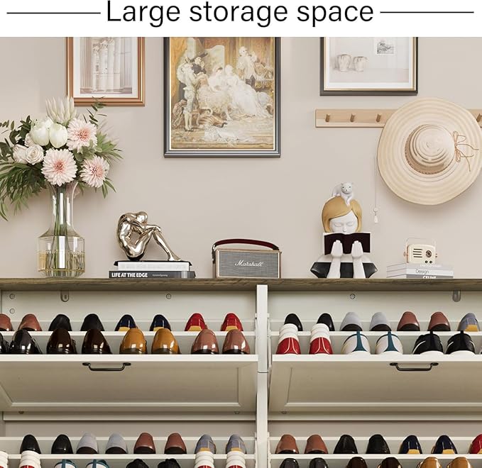 Shoe Cabinet with 4 Flip Drawers, Narrow Shoe Storage Cabinet, Freestanding Shoe Cabinet Organizer, Hidden Shoe Rack Cabinet for Entryway, Hallway (4-Drawers, Off White-Brown)-NeatNest