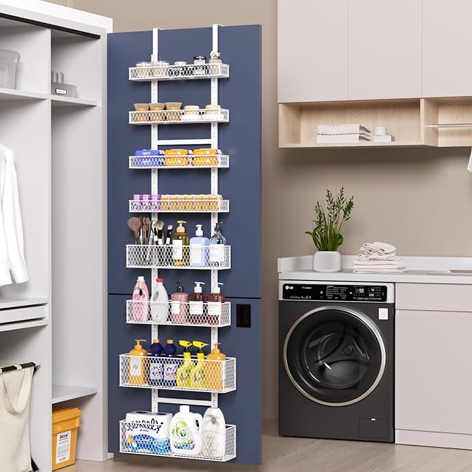 8-Tier Over The Door Pantry Organizer,Hanging Spice Rack with Adjustable Basket,Over Door Racks,Pantry Organization And Storage, Laundry Room,Bathroom,Large Capacity,D5.3xW15.7xH74.8 in