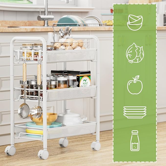 JANE EYRE 3-Tier Rolling Utility Storage Rack Cart on Wheels, Trolley Craft cart, Multi-Purpose Organizer Shelf, White-NeatNest