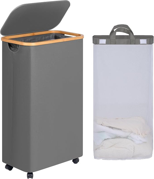 efluky Slim Laundry Basket with Wheels, Narrow Rolling Laundry Hamper with Lid and Removable Bag, Tall Aesthetic Dirty Clothes Hamper on Wheels for Laundry Room, Bedroom, Dorm and Bathroom, 75L Grey-NeatNest