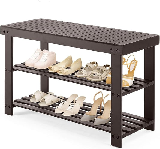 Sweetcrispy 3-Tier Shoe Rack Bench, Bamboo Entryway Storage Organizer, Shoes Stand for FrontDoor Entrance, Bedroom, Living Room, 286lb Capacity, 11.3 x 27.6 x 17.8 Inches, Chestnut-NeatNest