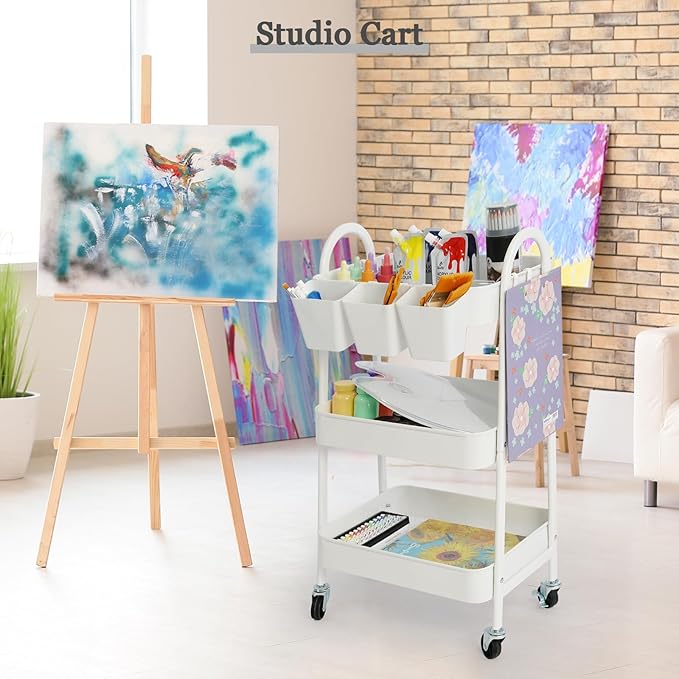 danpinera 3-Tier Rolling Cart, Metal Rolling Storage Cart with Lockable Wheels & Hanging Cups & Hooks, Mobile Trolley Cart for Kitchen, Bathroom, Office, Workshop, White-NeatNest