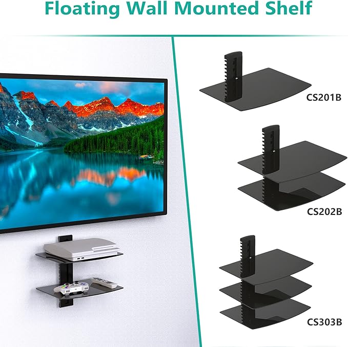 WALI Floating Entertainment Center Shelves, Holds Up to 17.6lbs, TV Shelf with Strengthened Tempered Glasses for DVD Players, Cable Boxes, Games Consoles, TV Accessories (CS202B), 2 Shelf, Black