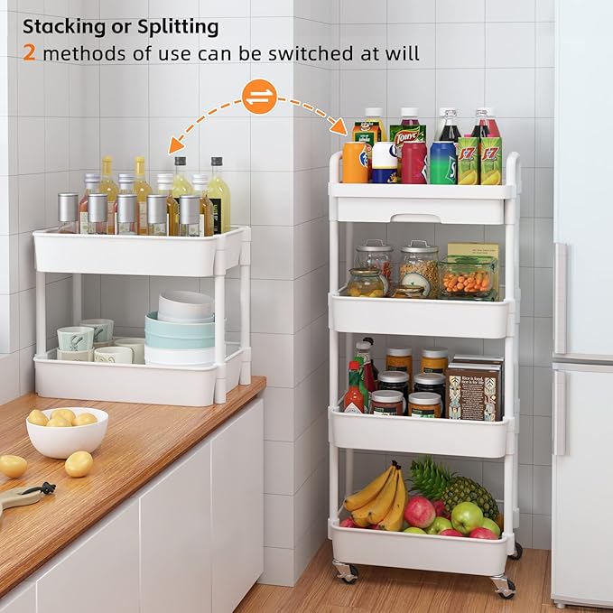 Calmootey 4-Tier Rolling Utility Cart with Drawer,Multifunctional Storage Organizer with Plastic Shelf & Metal Wheel,Storage Cart for Kitchen,Bathroom,Living Room,Office,White-NeatNest