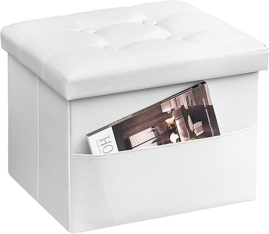 AmasSmile White Storage Ottoman Folding Foot Rest Stool with Side Pocket, 16 inch Leather Footstool Bench, Short Ottoman Bench, Storage Foot Rest Store, Books-NeatNest