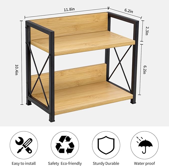 Giikin Countertop Shelf Organizer, 2 Tier Kitchen Spice Rack Organizer for Countertop, Wood Coffee Counter Shelf Organizer for Home (Bamboo, S)-NeatNest