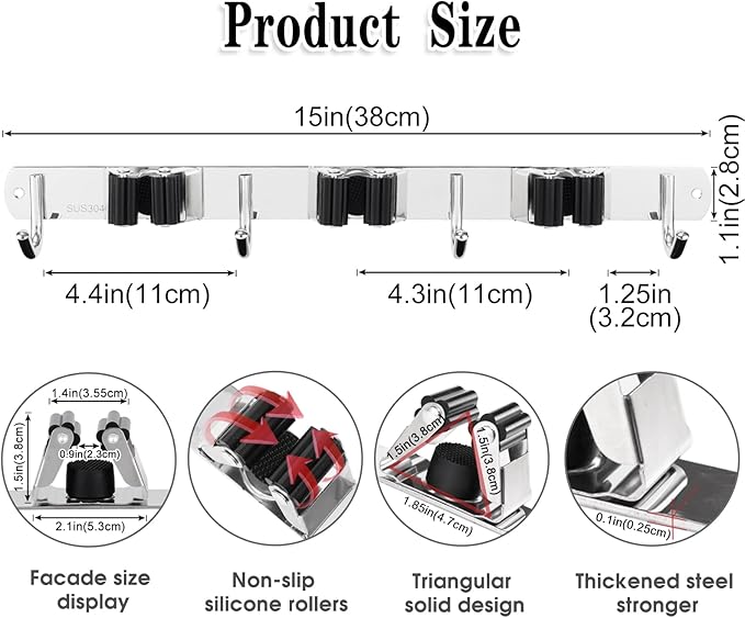 3 Racks and 4 Hooks Broom and Mop Holder Wall Mounted Garage Organizer Storage Tool Racks Stainless Steel Heavy Duty Hooks Self Adhesive Solid Non-slip Wall Hangers for Home Kitchen Garden Laundry-NeatNest