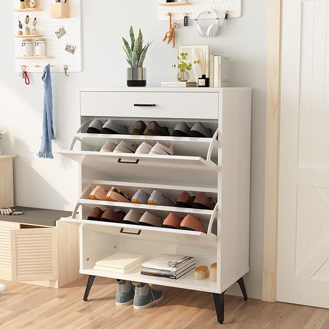 AWQM Shoe Storage Cabinet for Entryway, Free Standing Shoe Organizer with 2 Flip Drawers,Hidden Shoe Rack Storage Organizer for Doorway Hallway (White)-NeatNest