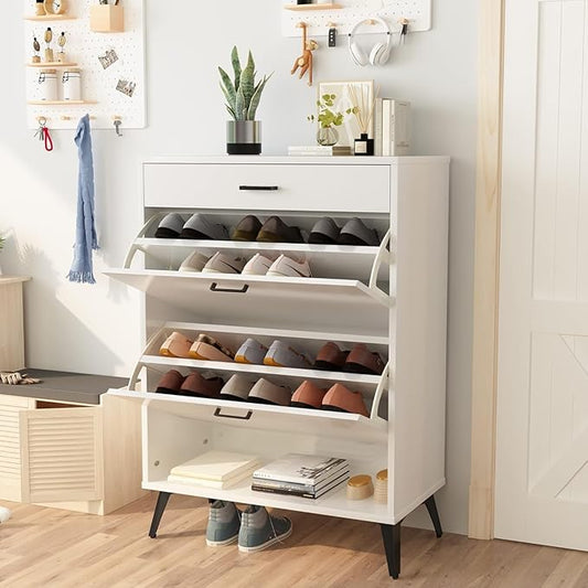 AWQM Shoe Storage Cabinet for Entryway, Free Standing Shoe Organizer with 2 Flip Drawers,Hidden Shoe Rack Storage Organizer for Doorway Hallway (White)-NeatNest