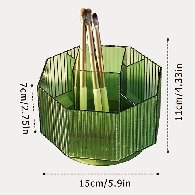 LINFIDITE 360°Rotating Makeup Organizer Holder Cosmetic Display Case Clear Makeup Brush Lip Gloss Organizer Case with 5 Slots Round Turntable Storage Tray for Vanity, Bathroom, Counter Organizer Green-NeatNest