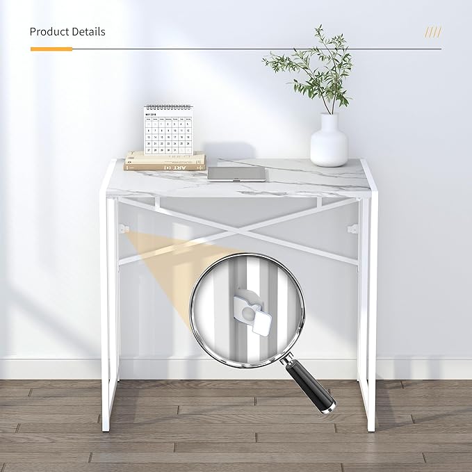 32 inch Folding Small Desk, Writing Gaming Computer Camping Desk for Small Spaces, No Assembly Required Home Office Desk, White Marble-NeatNest