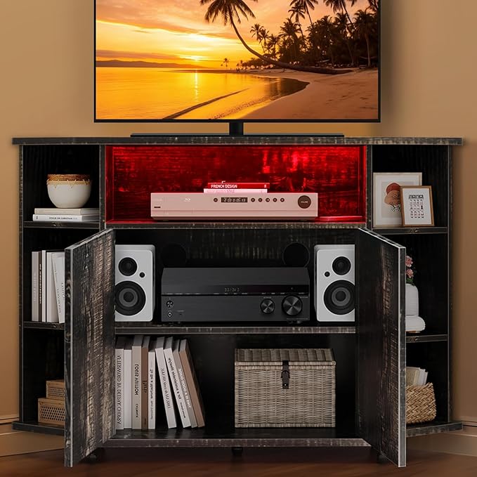 4 EVER WINNER Corner TV Stand with Led Light for 50 Inch TV, Corner Entertainment Center with Open Storage, Adjustable Shelves, TV Stands for Living Room, Bedroom, Rustic Oak-NeatNest
