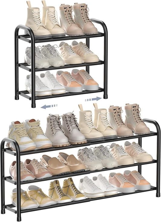 ENJOYBASICS Expandable Shoe Rack, 3 Tier Adjustable Shoe Organizer Shelf for Closet, Black Metal Free Standing Shoe Rack Storage for Small Space, Entryway-NeatNest