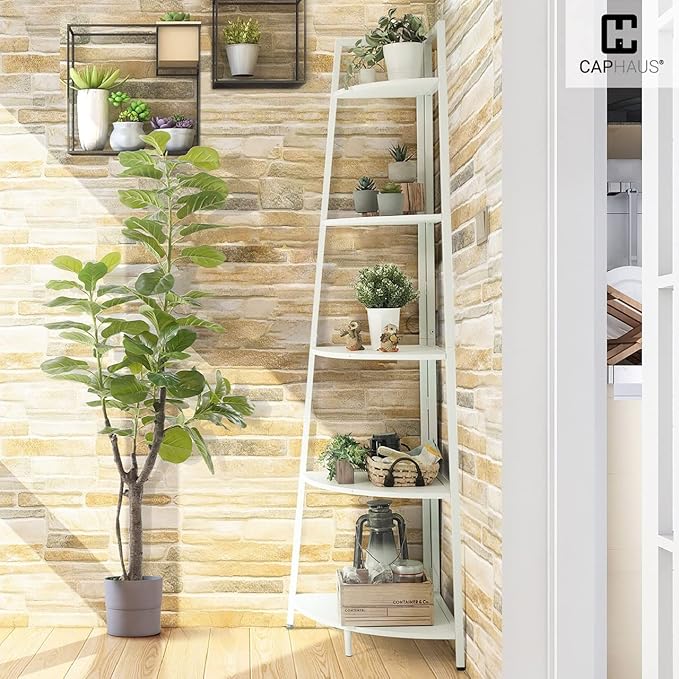 CAPHAUS Tall Corner Shelf Stand, 6-Tier Display Shelves, Ladder Corner Wood Storage Plant Bookshelf with Metal Frame, Versatile Shelving Unit Bookcase for Home Office Space, White-NeatNest
