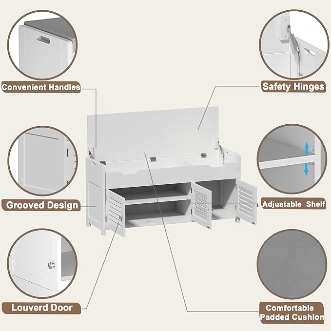 ChooChoo 41.3" Shoe Storage Bench with Lift Top Storage, Entryway Bench with Cushioned Seat, Adjustable Shelf, Shoe Cabinet with Hidden Space, for Entryway, Bedroom, Living Room, White-NeatNest