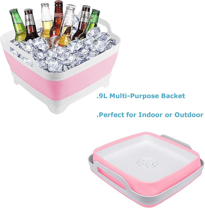 Collapsible Wash Basin 9L, Foldable Dish Tub with Drain Plug, Portable Collapsible Dish Basin, Camping Sink for Washing Dishes, Laundry & Kitchen Use (Pink)-NeatNest