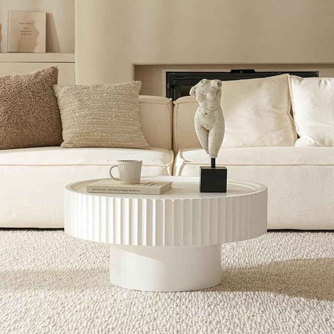 Round Wood Coffee Table - Wooden, Ribbed-Design, 30.3" Dia, 14.9" H - Simple Modern Style for Home Living Room Furniture (White Table)