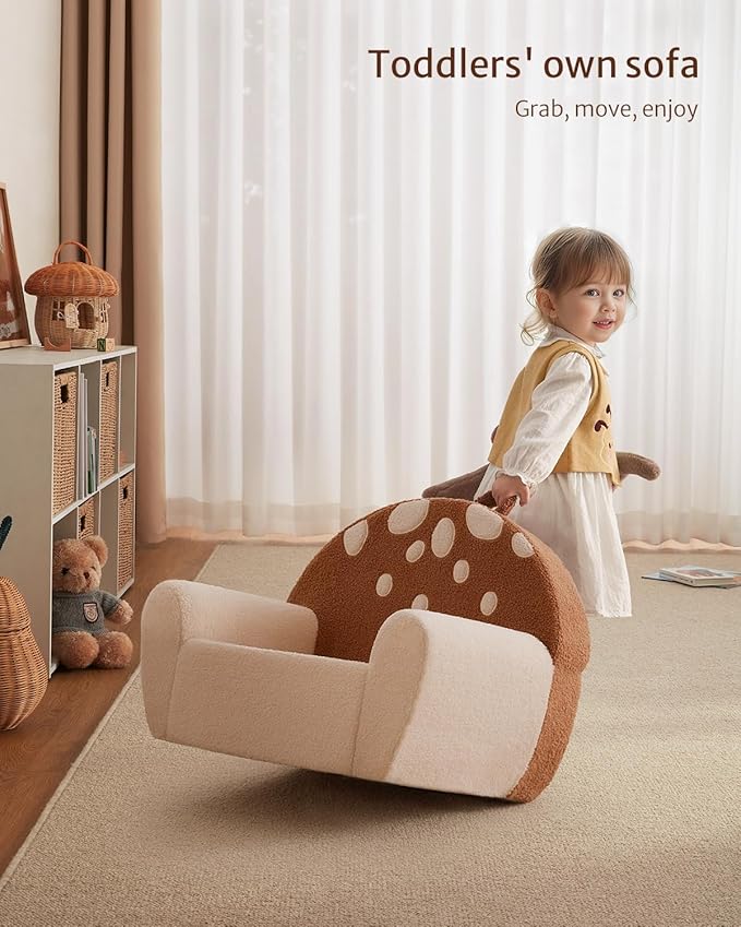 Blissful Diary Toddler Chair Comfy, Foam Kids Chair with Soft Teddy Plush, Toddler Reading Armchair with Cute Mushroom Designs- Brown-NeatNest