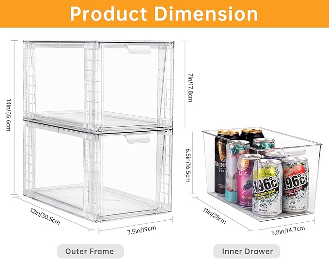 1Pack Large Stackable Kitchen Storage Drawers, Clear Foods Organizer Bins with Handles, Easily Assemble for Bathroom, Kitchen, Pantry, Cabinet, Closet(XL-UP Handle)-NeatNest