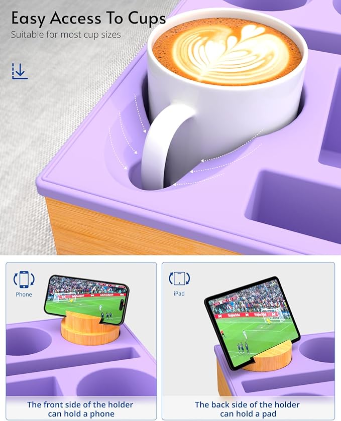 Couch Cup Holder Tray - Couch Organizer Caddy, Silicone Beach Caddy with Cup Holder, Sofa and Bed Drink Holder and Couch Tray Table for Snacks Beverage Remote (Purple)-NeatNest