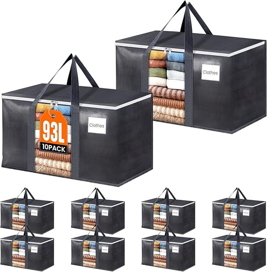 HomeHacks 10 Pack Extra Large Moving Bags with Visual PVC Window & Zippers, Storage Totes with Reinforced Handles, Heavy Duty Storage Bags for Packing, Moving, Storage (93L,Grey)