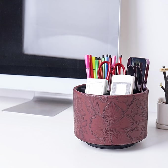Hennaja Round Leather Art Supply Organizer,Remote Control Holder,360 Degree Spinning,Multi-Functional Pencil Holder,4 Compartments Desktop Stationary Organizer(1-Carved Dark Brown)-NeatNest