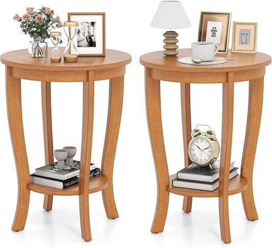 Giantex Round End Table Set of 2, Retro Nightstand with Storage Shelf & Solid Wood Legs, 24.5" Accent Side Table for Small Spaces, Wood Night Stand for Living Room Bedroom, Light Brown