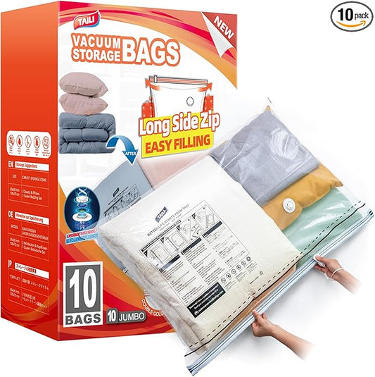 TAILI 10 Pack Vacuum Storage Bags, LONG SIDE ZIP (39x28 inch), Vacuum Seal Bags for Clothing, Jumbo Storage Space Saver for Beddings, Comforters, Blanket, Pillows and Clothes-NeatNest