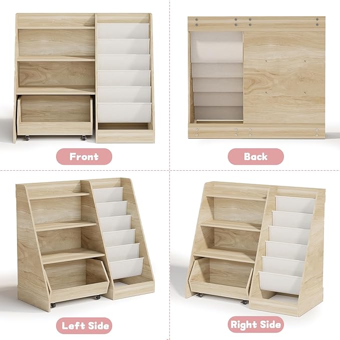 COZPAW Kids Bookshelf and Toy Storage, 4 Tier Toddler Bookshelf with Movable Drawer 5 Sling Pockets, Montessori Book Shelf for Kids Room, Playroom, Nursery (Oak)-NeatNest