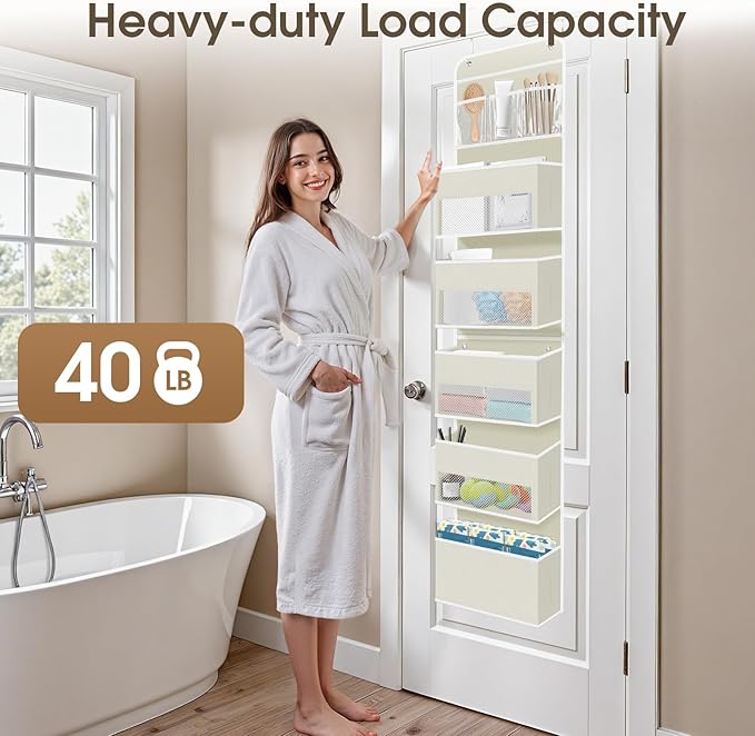 6-Tier Over The Door Organizer, Hanging Storage Organizer with Clear Window, 40lb Ultra Sturdy Large Capacity Room Organizer for Pantry Bathroom Nursery Closet Baby Essential (Beige)-NeatNest