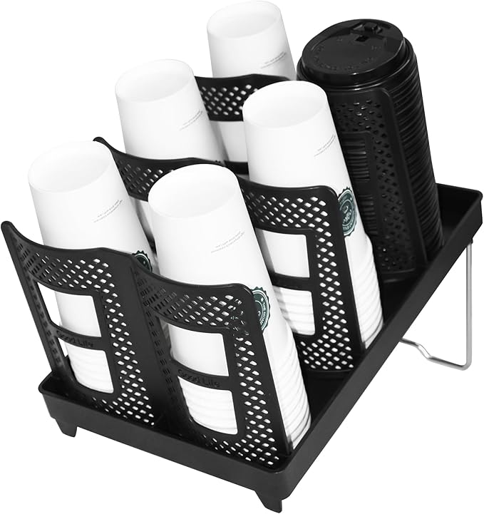 Coffee Cup Holder,Cup and Lid Dispenser with Stand,Disposable Cups Organizer,6 Slots,for Coffee Station,Bar,Office,Home,Restaurant,Breakroom,Countertop-NeatNest