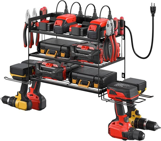 CCCEI Garage Tools Storage with Charging Station. Power Tool Battery Organizer Utility Shelf with Power Strip. 4 Drills Holder Wall Mount Rack, Black 3 Layer.-NeatNest