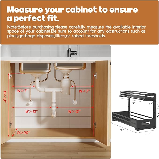2-Pack 19"Deep Under Sink Organizer And Storage, 2-Tier L-Shaped Pull Out Cabinet Organizer with Upgraded Slide Rails, Height Adjustable Drawers for Kitchen&Bathroom, Extra-Large Storage Shelves–Black-NeatNest