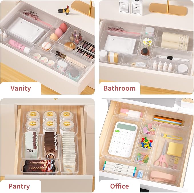 72 PCS Plastic Drawer Organizer Set, 4-Size Clear Bathroom and Vanity Desk Drawer Organizer Trays, Non-Slip Versatile Storage Divider Bins for Makeup Jewelry Bedroom Office Kitchen Gadgets-NeatNest